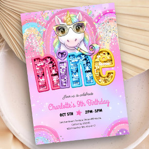 Rainbow Sequin Unicorn 9th Birthday Invitation