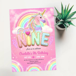 Rainbow Sequin Unicorn 9th Birthday Invitation