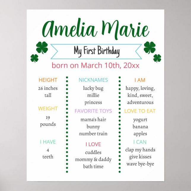 Rainbow & Shamrock Lucky One Birthday Milestone Poster (Front)