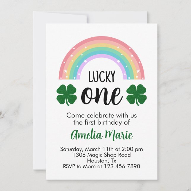 Rainbow & Shamrock Lucky One First Birthday Invitation (Front)