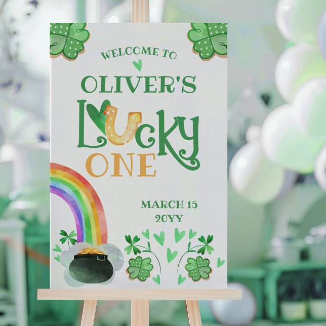Rainbow Shamrock Lucky One First Birthday Party Poster (Lucky One 1st Birthday St Patricks Themed Poster by Darling & May)