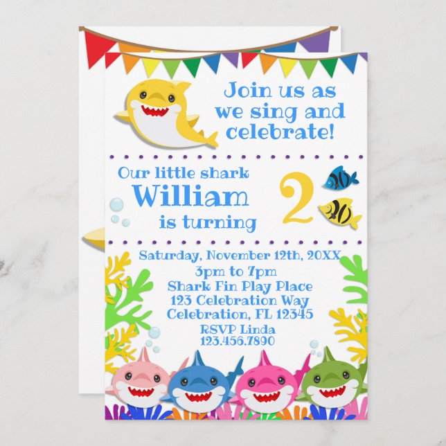 Rainbow Sharks Birthday Celebration Invitation (Front/Back)