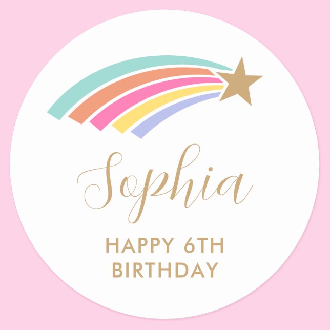 Rainbow Shooting Star 6th Birthday Classic Round Sticker (Creator Uploaded)