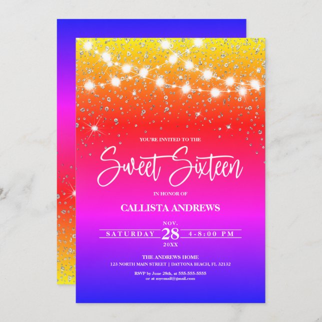 Rainbow Silver Glitter Sparkles Lights Sweet 16 Invitation (Front/Back)