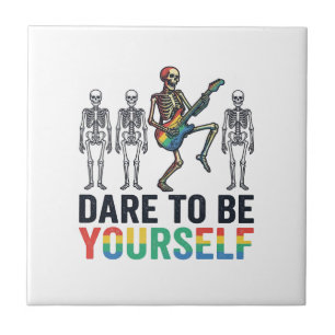 Rainbow Skeleton Dare to Be Yourself Vector Design Ceramic Tile