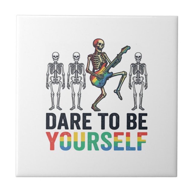 Rainbow Skeleton Dare to Be Yourself Vector Design Ceramic Tile (Front)