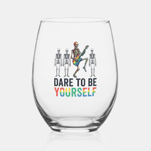 Rainbow Skeleton Dare to Be Yourself Vector Design Stemless Wine Glass