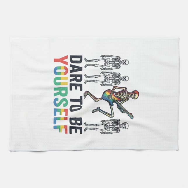 Rainbow Skeleton Dare to Be Yourself Vector Design Tea Towel (Horizontal)