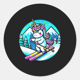 Rainbow Skiing Unicorn Kawaii Ski Cute Pastel Soft Classic Round Sticker