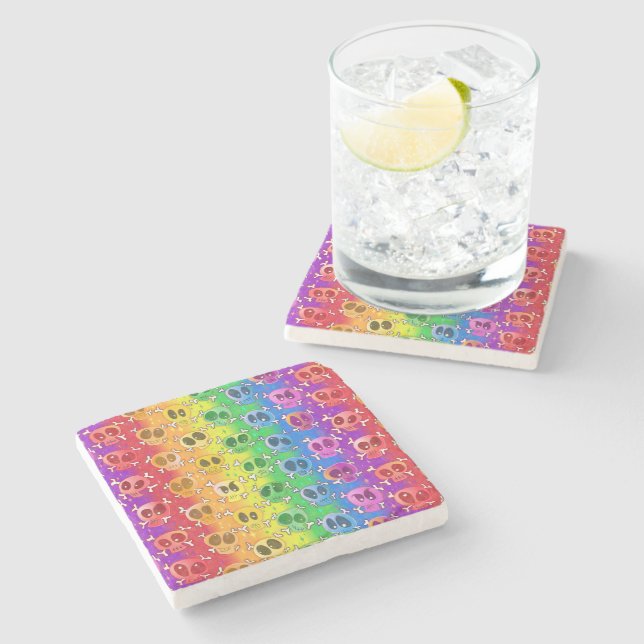 Rainbow Skulls Gay Pride Flag Colours Stone Coaster (Side)