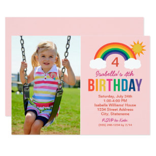 Rainbow Sky | Light Pink Photo Birthday Party Invitation