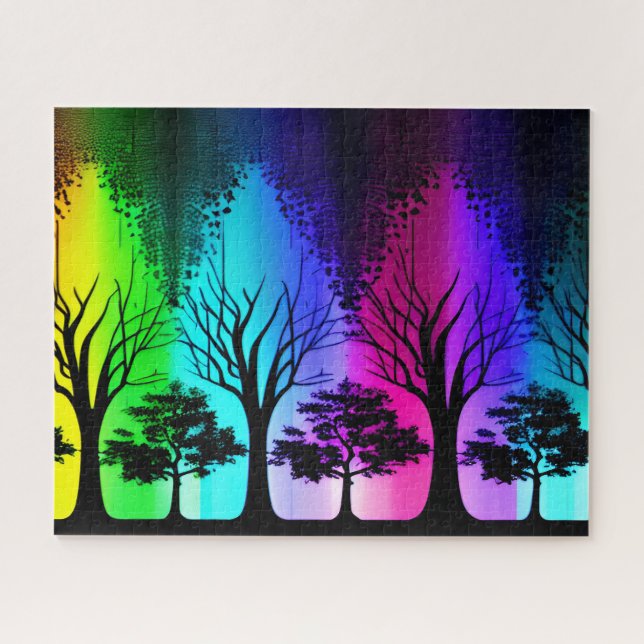 Rainbow Sky Over Black Silhouette Trees Jigsaw Puzzle (Horizontal)