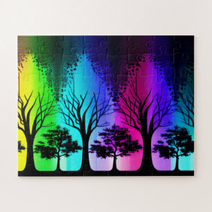 Rainbow Sky Over Silhouette Forest For Kids Jigsaw Puzzle