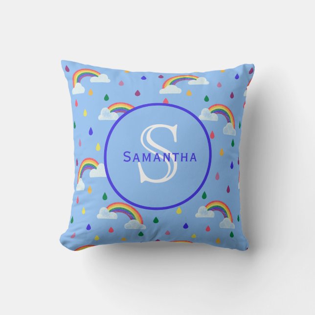 Rainbow Sky Rain Drops Personalised Monogram Cushion (Front)