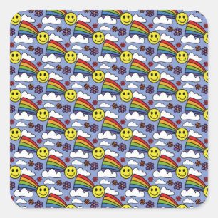 Rainbow Smiley Face and Flowers Hippie Pattern Square Sticker