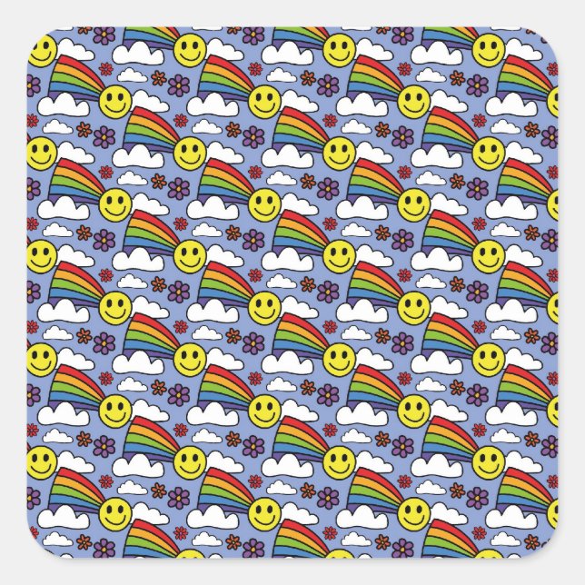 Rainbow Smiley Face and Flowers Hippie Pattern Square Sticker (Front)