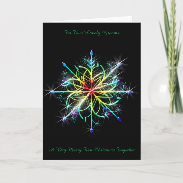 Rainbow Snowflake Gay Newly Wed First Christmas Holiday Card (Front)
