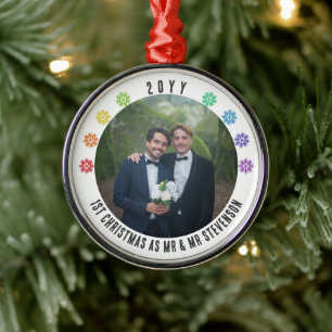 Rainbow Snowflakes LGBT First Christmas Married Metal Ornament