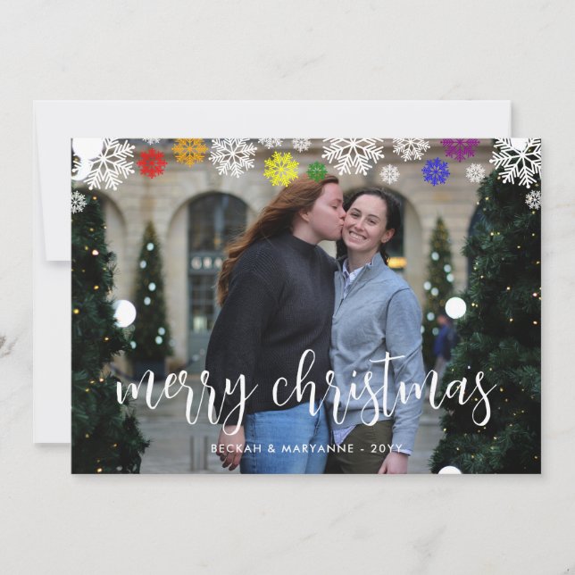 Rainbow Snowflakes LGBT Merry Christmas Photo Holiday Card (Front)