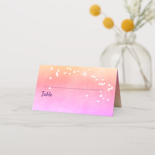 Rainbow soft pastels violet peach birds wedding place card (Back)