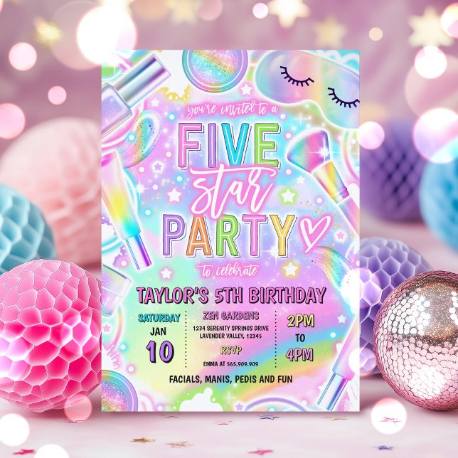 Rainbow Spa Party Makeup Pamper 5th Birthday Invitation (Creator Uploaded)