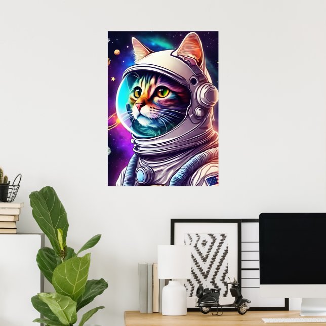 Rainbow Space Cat Poster - Astronaut Art Print (Home Office)
