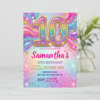 Rainbow Sparkle Glitter 10th Birthday Party Invitation
