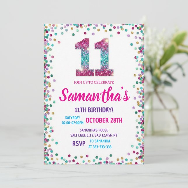 Rainbow Sparkle Glitter 11th Birthday Party  Invitation (Standing Front)