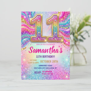 Rainbow Sparkle Glitter 11th Birthday Party Invitation