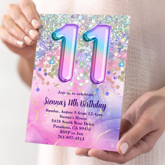 Rainbow Sparkle Glitter 11th Birthday Party Invitation (Creator Uploaded)