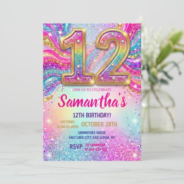 Rainbow Sparkle Glitter 12th Birthday Party Invitation (Standing Front)