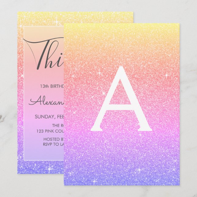 Rainbow Sparkle Glitter 13th Thirteen Birthday Invitation (Front/Back)
