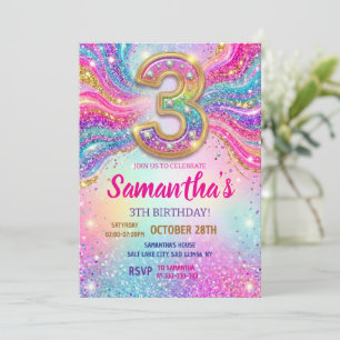 Rainbow Sparkle Glitter 3th Birthday Party Invitation