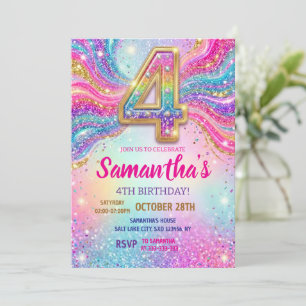 Rainbow Sparkle Glitter 4th Birthday Party Invitation