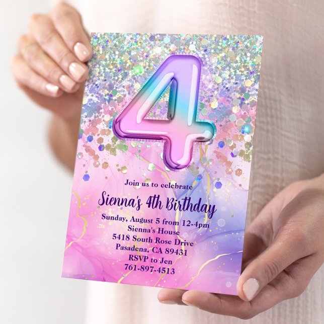Rainbow Sparkle Glitter 4th Birthday Party Invitation (Creator Uploaded)