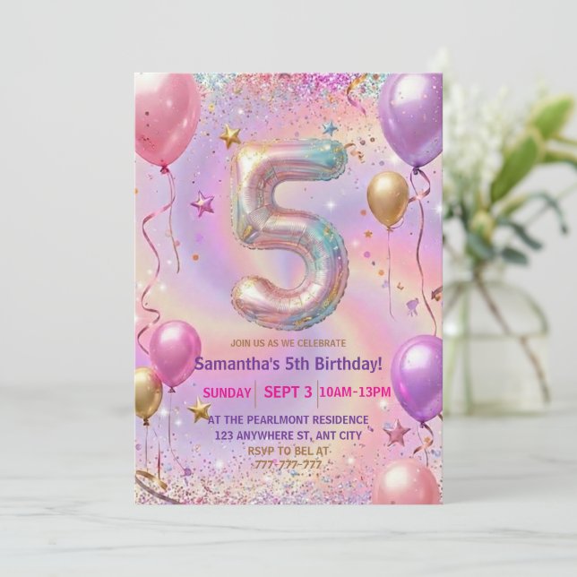Rainbow Sparkle Glitter 5th Birthday Party Invitation (Standing Front)