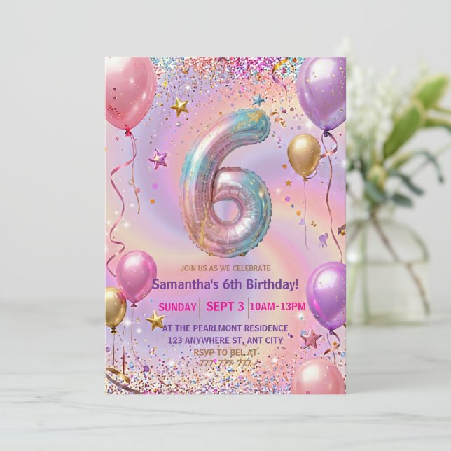 Rainbow Sparkle Glitter 6th Birthday Party Invitation (Standing Front)