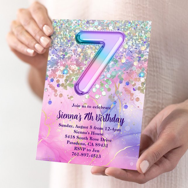 Rainbow Sparkle Glitter 7th Birthday Party Invitation (Creator Uploaded)