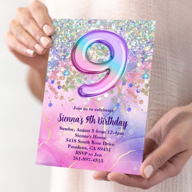 Rainbow Sparkle Glitter 9th Birthday Party Invitation (Creator Uploaded)