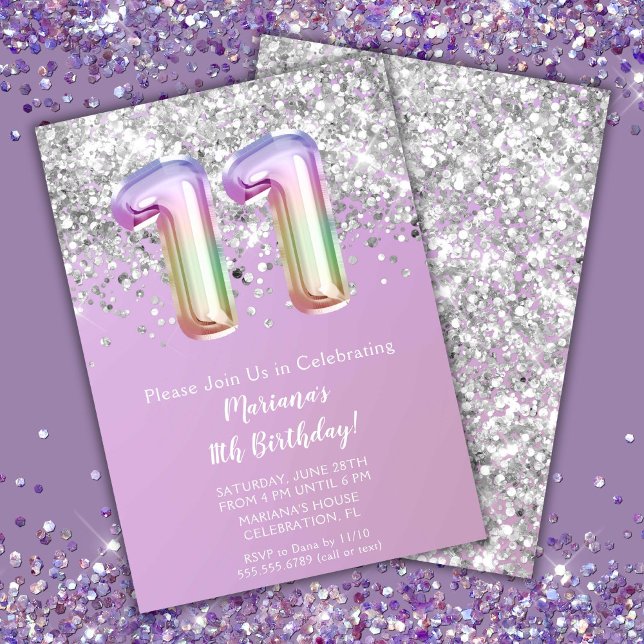 Rainbow Sparkle Glitter Girl 11th Birthday Party Invitation (Creator Uploaded)