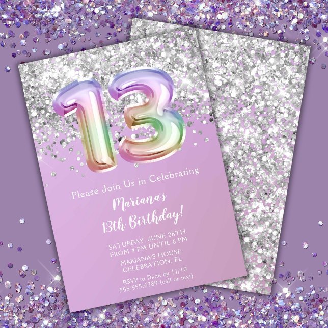 Rainbow Sparkle Glitter Girl 13th Birthday Party Invitation (Creator Uploaded)