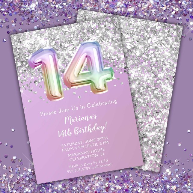 Rainbow Sparkle Glitter Girl 14th Birthday Party Invitation (Creator Uploaded)
