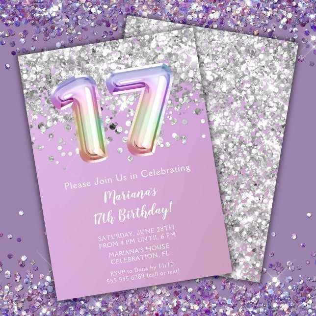 Rainbow Sparkle Glitter Girl 17th Birthday Party Invitation (Creator Uploaded)