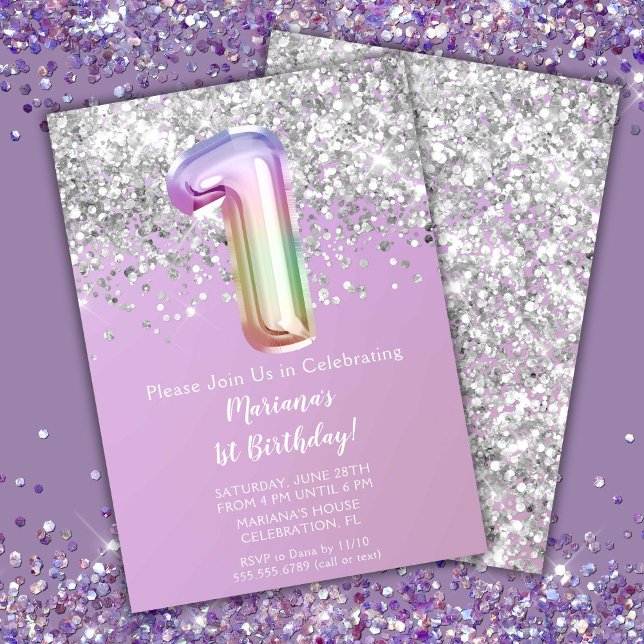 Rainbow Sparkle Glitter Girl 1st Birthday Party Invitation (Creator Uploaded)