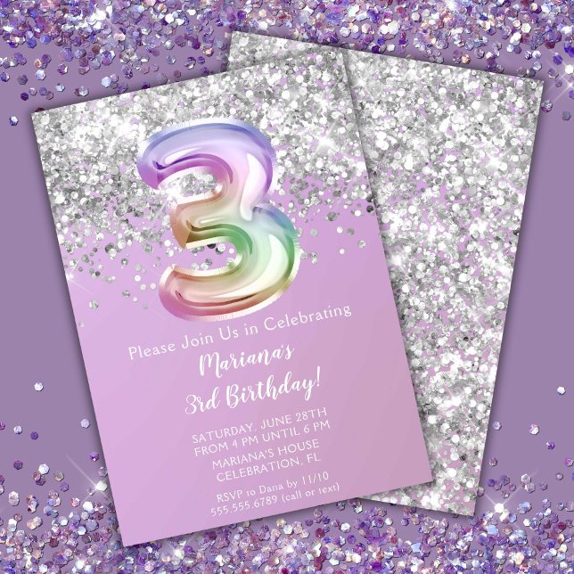 Rainbow Sparkle Glitter Girl 3rd Birthday Party Invitation (Creator Uploaded)
