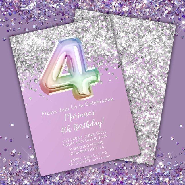Rainbow Sparkle Glitter Girl 4th Birthday Party Invitation (Creator Uploaded)