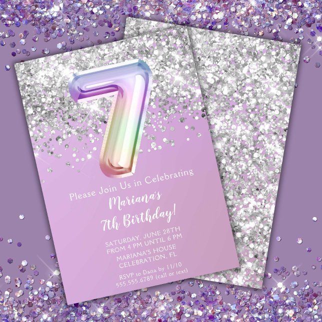 Rainbow Sparkle Glitter Girl 7th Birthday Party In Invitation (Creator Uploaded)