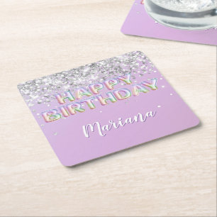 Rainbow Sparkle Glitter Girl Birthday Party Square Paper Coaster
