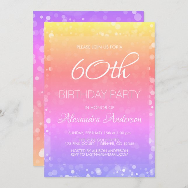 Rainbow Sparkle Glitter Lights 60th Birthday Party Invitation (Front/Back)