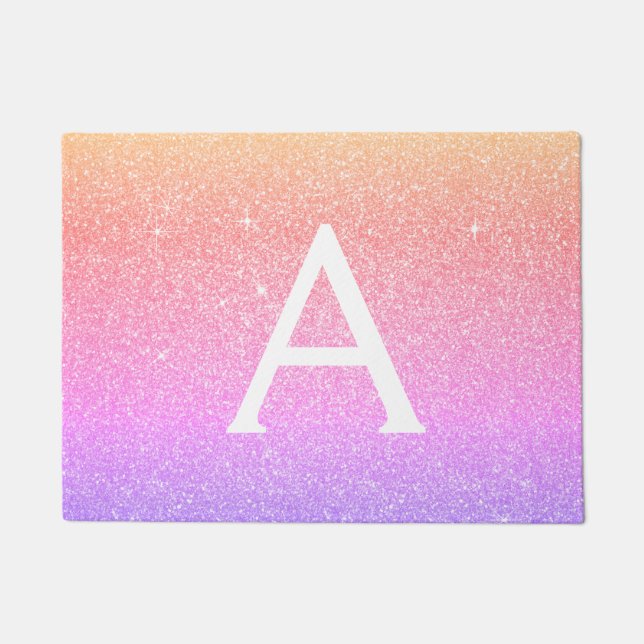 Rainbow Sparkle Glitter Monogram Name & Initial Doormat (Front)